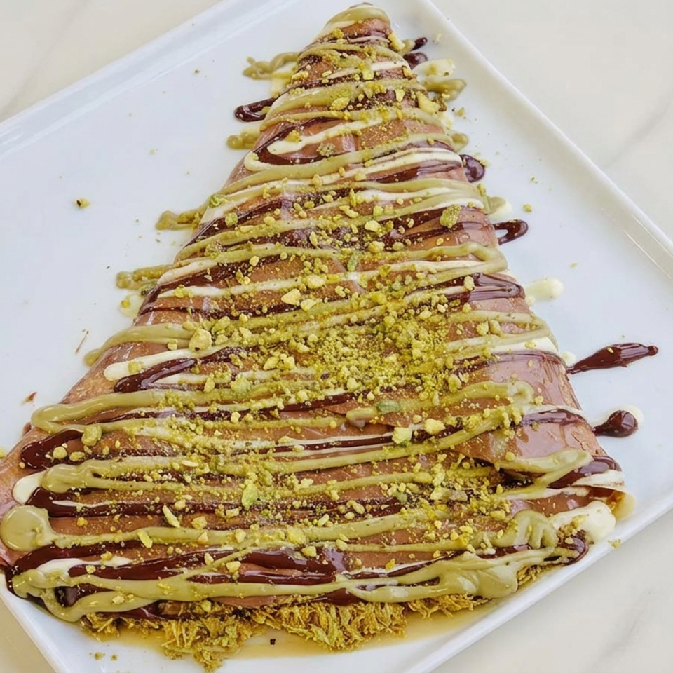 Triangular pastry on a white plate, drizzled with chocolate and cream sauces and topped with crushed pistachios.
