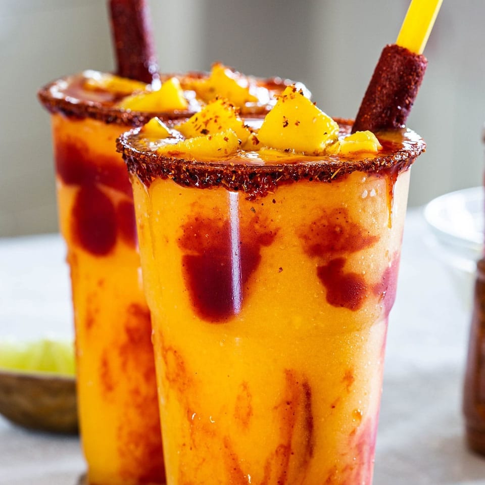 Two mango drinks with chili-salt rims, fruit pieces, spicy syrup, and yellow straws on a table.