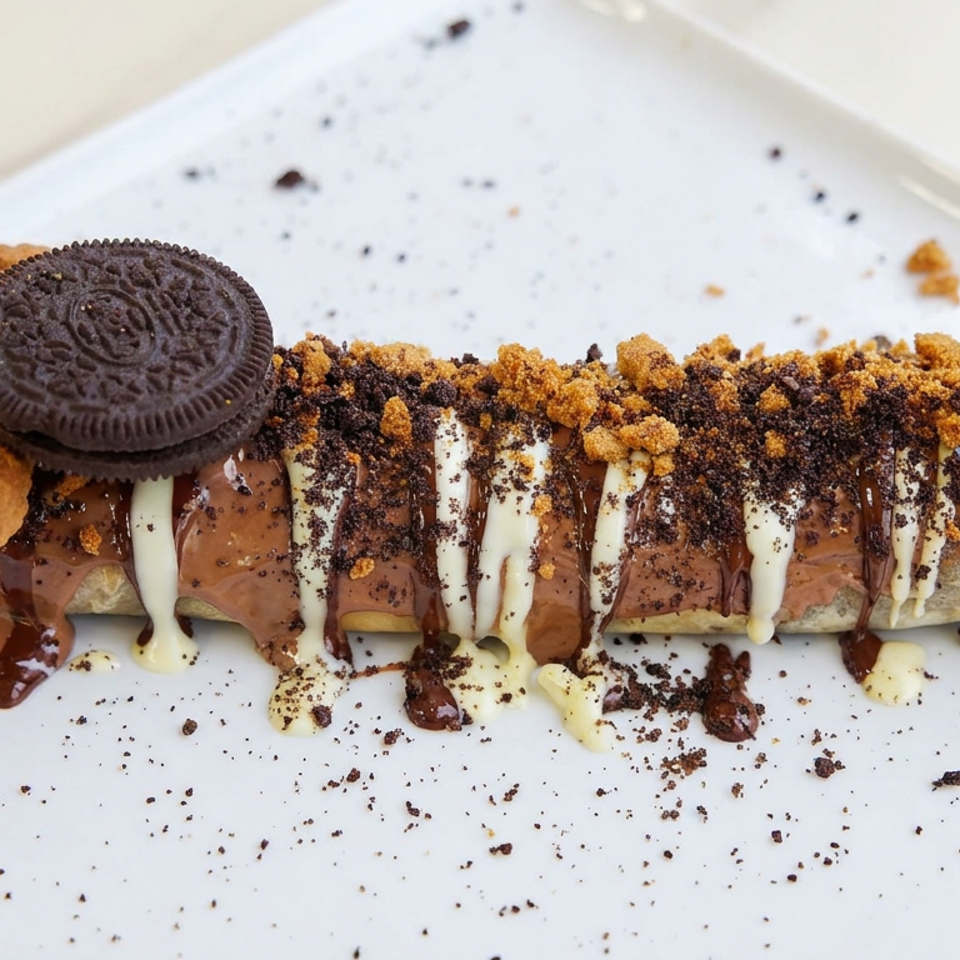 Dessert crepe topped with chocolate and vanilla sauces, cookie crumbs, a chocolate sandwich cookie, and a scoop of ice cream.