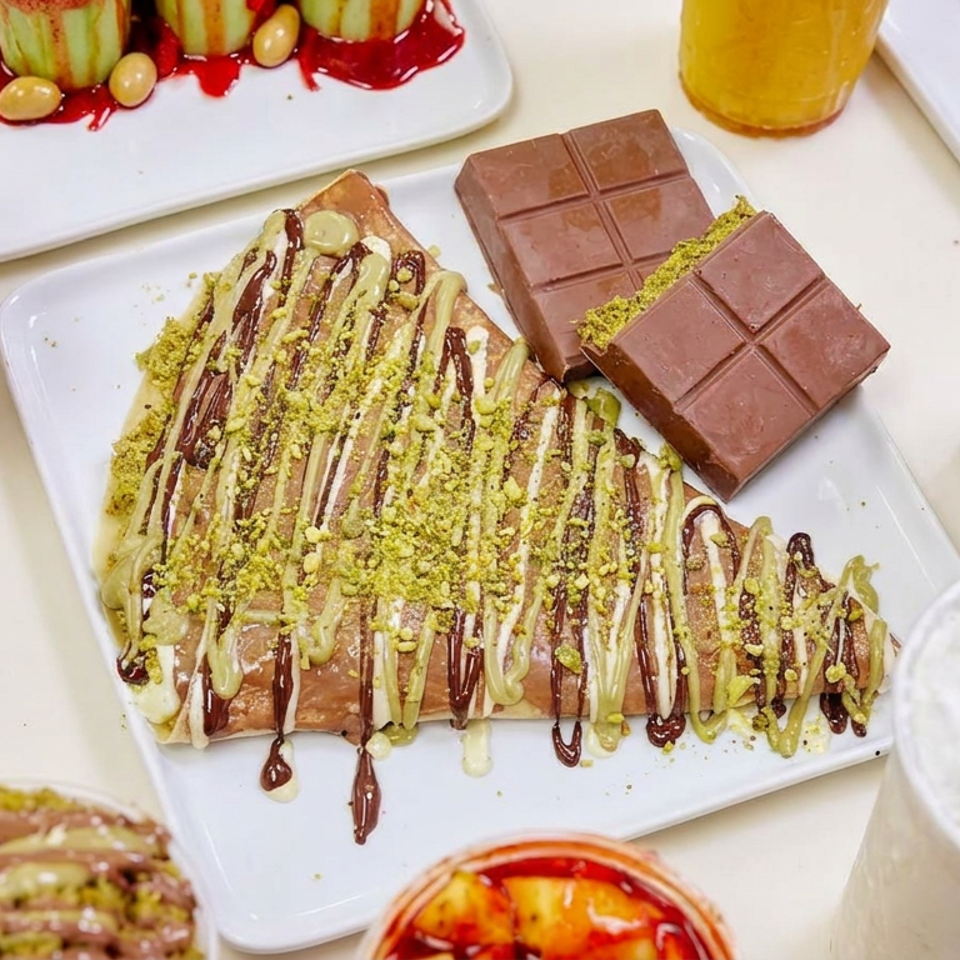 Dessert spread featuring chocolate-drizzled crepes with pistachios, chocolate bars, whipped cream desserts, fruit, and milkshakes.