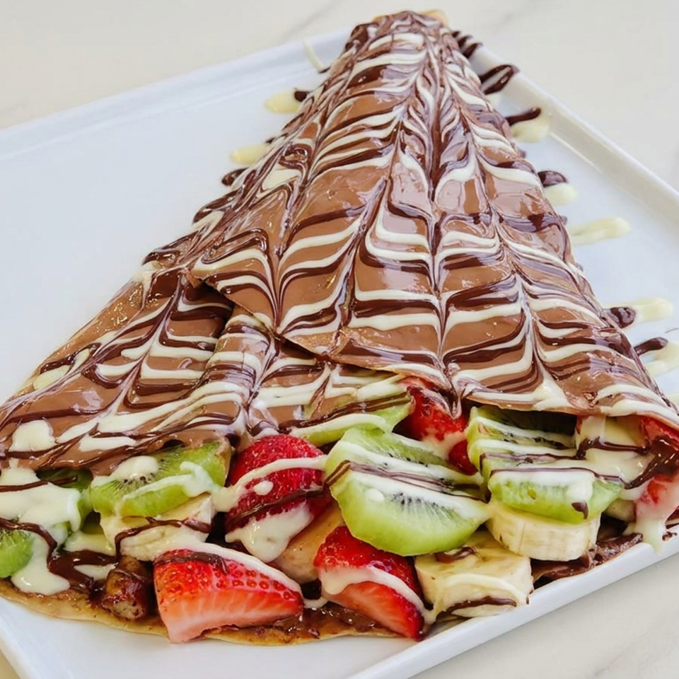 Triangular chocolate-drizzled crepe filled with strawberries, kiwi, and banana on a white plate.
