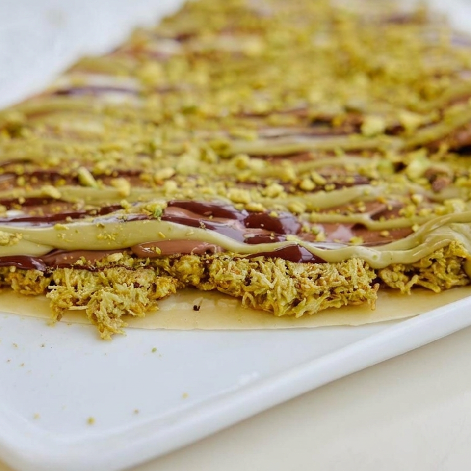 Close-up of a flaky pastry topped with pistachio crumbs and drizzled with chocolate and cream sauces on a white plate.