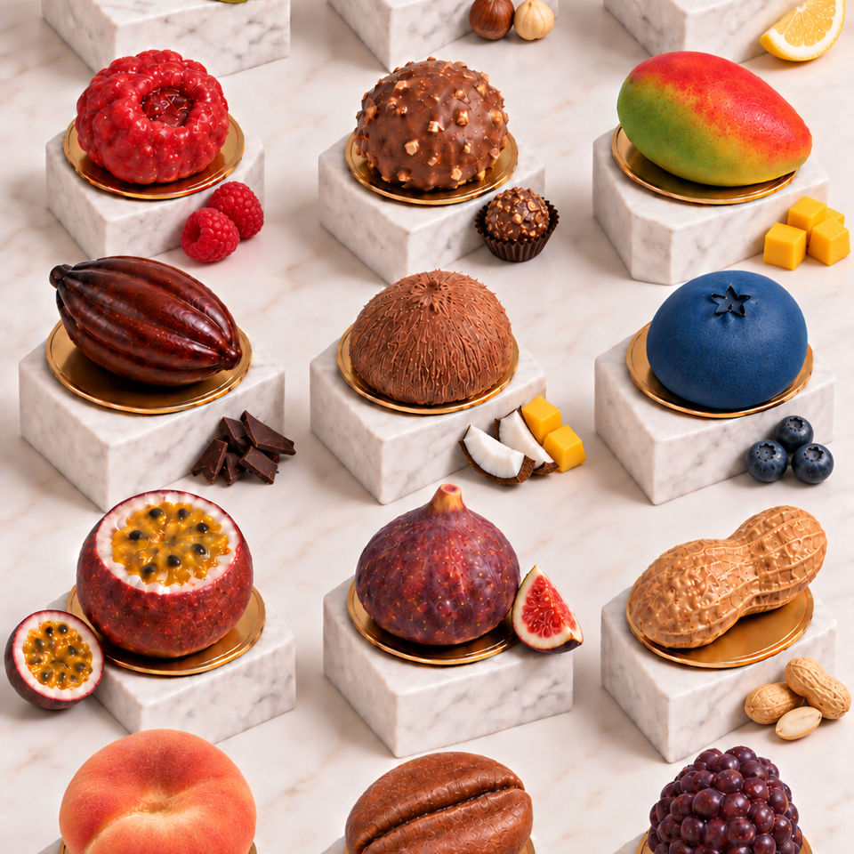 Array of fruit-shaped pastries and chocolates displayed on gold plates atop marble blocks, surrounded by matching fruits and garnishes.